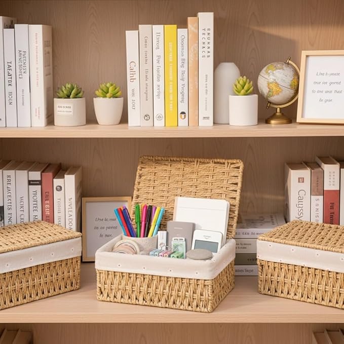 Small Wicker Basket with Lid Paper Rope Storage Baskets for Shelves Set of 3 Tampon Holder with Lid and Removable Liner for Bathroom Makeup Closet Drawer Desk Organizer (Khaki)