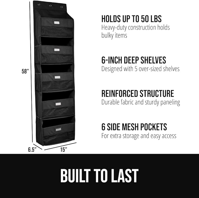 GORILLA GRIP Large Capacity Closet Organizer, 5 Deep Shelves, Holds 50lbs, Over the Door Organizers 6 Mesh Pockets, Shelf Storage for Clothes Crafts Dorm Essentials, 3 Metal Hooks, 58x15 Inches, Black