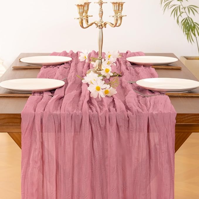 Socomi 2pcs Mauve Summer Cheesecloth Table Runner Boho Rustic Gauze 120 inch 10FT Cheese Cloth Sheer Runner for Wedding Party Baby Shower Birthday Home Decor Holiday Decorations