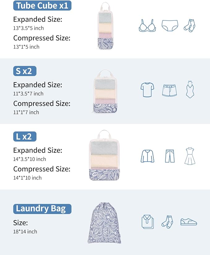 Narwey 6-Piece/5-Piece Compression Packing Cubes for Travel, for Kids, Women, Carry-on, Packing Organizers for Backpacks, Luggage, Suitcases, Duffle Bags