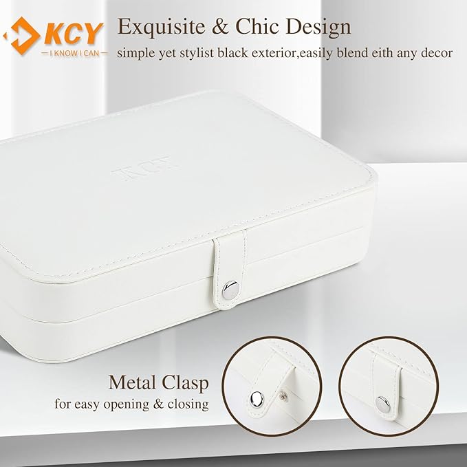 KCY Jewelry Box for Women Girls, Small Travel Jewelry Organizer Case, PU Leather Portable Jewelry Storage Boxes Display Holder for Ring Earrings Necklace Bracelet Bangle, Men Teen Kids Gift, White
