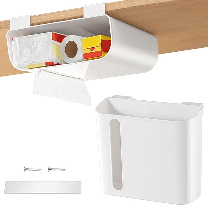 Poeland Multi-Purpose Over Cabinet Door Organizer, Under-Shelf Storage Organizer for Kitchen Wraps, Foils, and Paper Towel Dispenser, 1 Adhesive Pad and 2 Screws Included (White)