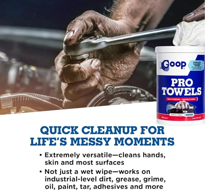 GOOP Pro Towels Heavy-Duty Multi-Surface Cleaning Wipes – Removes Engine Grease, Grime & Paint – Safe for Tools, Machinery & Painted Surfaces – 90 Extra Large 10" x 12" Towels (Pack of 2)