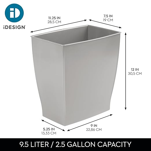 iDesign Small Plastic Bathroom Trash Can, Slim Rectangle Garbage Bin for Bedroom, Office, Dorm, Gray