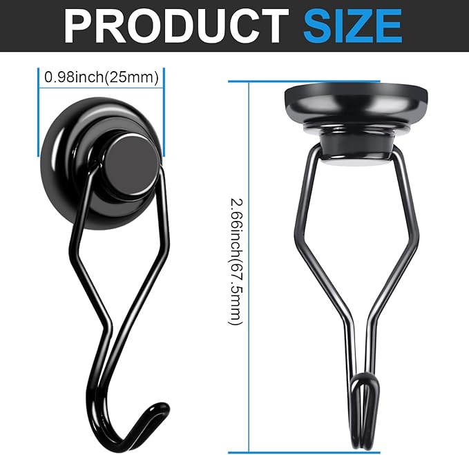 E BAVITE Black Swivel Swing Magnetic Hook 80LB Refrigerator Magnet Hook 10 Pack Strong Neodymium Magnets for Refrigerator Other Surfaces 67.5mm(2.66in)