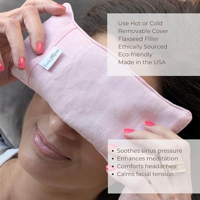 Sacksy Thyme Organic Linen Eye Pillow - Lavender & Flaxseed for Relaxation, Yoga, Stress Relief - Microwavable Heating Pad & Cool Compress - Made in USA - Gifts for Meditation