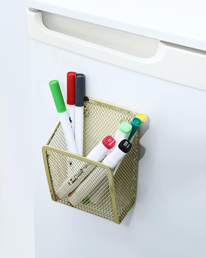 Magnetic Pencil Holder,Mesh Stainless Steel Pen Basket, Metal Writing Utensil Storage Organizer for Whiteboard,Blackboard,Kitchen, Locker, Home, or Office