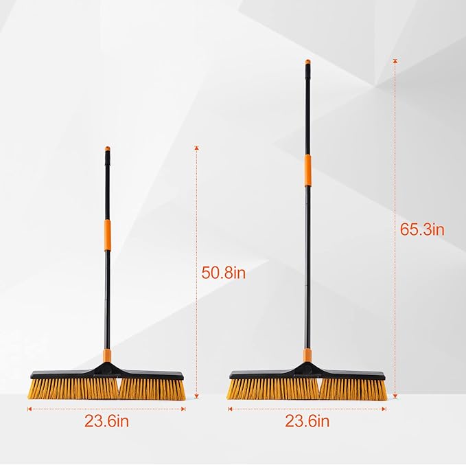 CLEANHOME 24”Push Broom Brush for Floor Cleaning with 65” Long Handle and Stiff Bristles, Heavy Duty Brush for Shop, Deck, Garage, Concrete,Indoor and Outdoor Broom 2 Set,Orange