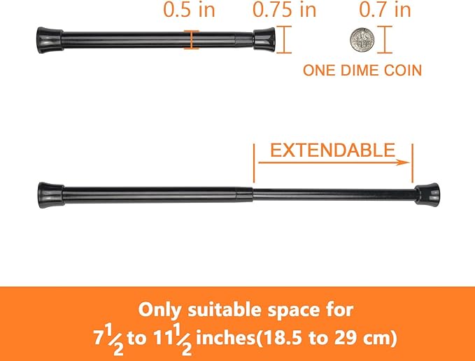 KXLIFE 2 Pack Small Spring Tension Curtain Rod 7.5 to 11.5 Inch, Thin Tension Rod No Drill for Window Cupboard Closet, Black