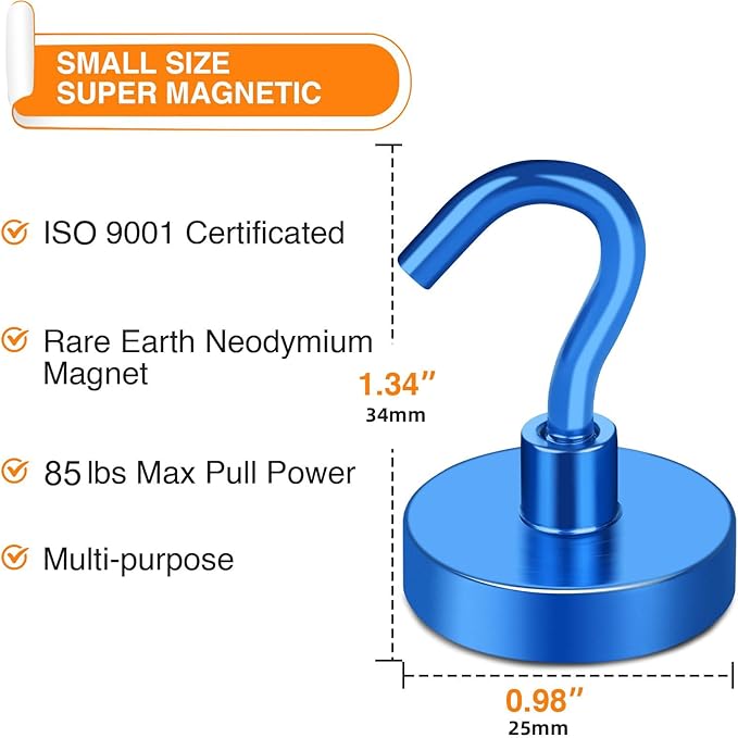 MIKEDE Magnetic Hooks 85Lbs Strong Neodymium Magnets with Hooks for Cruise Heavy Duty Earth Magnets Hooks for Refrigerator Outdoor Hanging Brackets Magnetic Hanger for Cabins (Blue, 10 Pack)