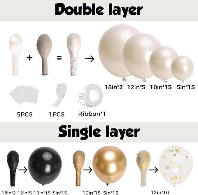PTGOLUO Black and Gold Balloon Arch Garland Kit 150pcs 2026 New Year's, Double Stuffed Pearl Sand White Black Chrome Gold Balloons Arch Kit for Graduation Father's Day Birthday Party Decoration