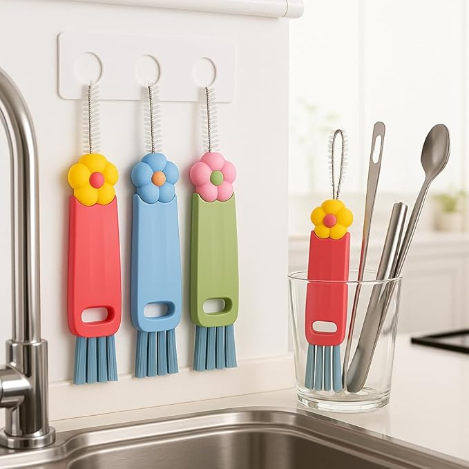 3 in 1 Cup Lid Cleaning Brush, 6PCS Multifunctional Cup Lid Cleaning Brushes with Scraper, Crevice, Angled Brush, for Coffee Mugs, Water Bottles, Tumblers (6)