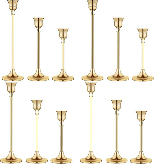 Vintage Gold Brass Taper Candle Holders for Candlesticks, Fireplace & Party - Set of 3