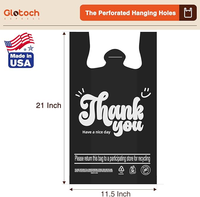 Glotoch 1000 Count Plastic Thank You T-shirt Bags Black, 11.5" x 6.5" x 21" Grocery Bags with Handles for Restaurant, Retail, Grocery Store, Takeout, Convenience Stores, Shopping Bag in Bulk