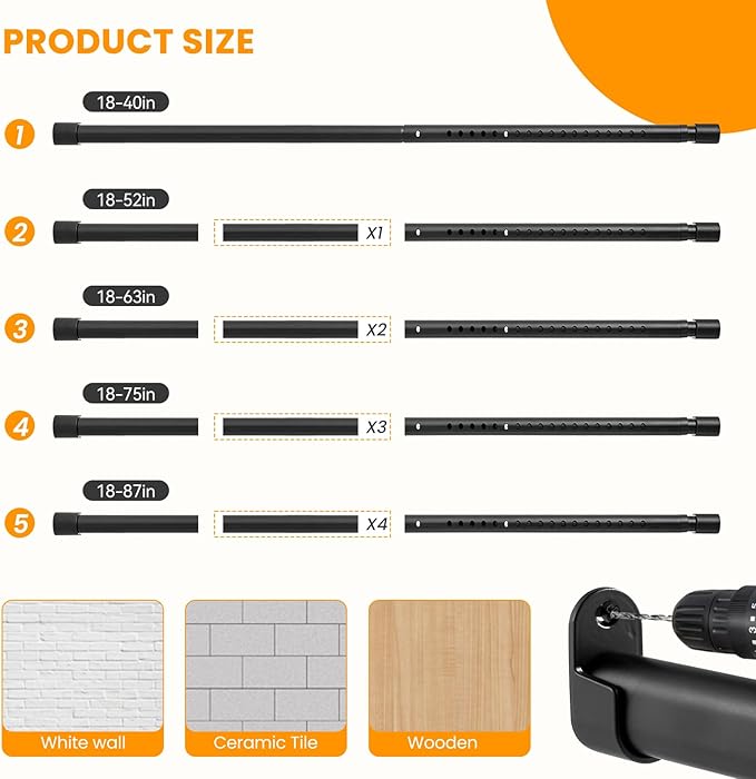 Oval Closet Rod for Hanging Clothes Adjustable Closet Rods 18 to 75 Inch Heavy Duty Black Poles Bar Closet Rod Expandable for Wardrobes Laundry RV