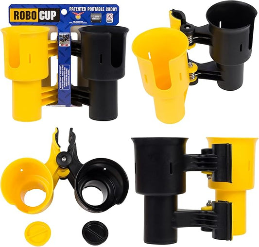 ROBOCUP, (Yellow & Black), Patented Clamp On Boat Cup Holder |Multifunction Dual Drink Caddy for Fishing Poles, Tools, Net, Gaff |Portable Storage for Boating, Beach, Umbrellas, Golf Carts, Strollers