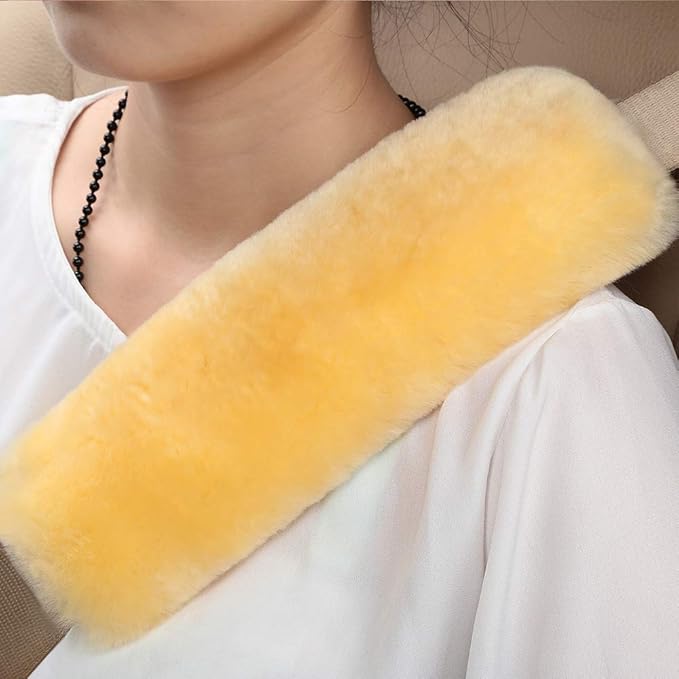 OGLAND 2 Pack Car Seat Belt Cover Cushion, Fluffy Soft Sheepskin Auto Should Seat Belt Pads, Neck Protector for Women Adults Baby Kids Pet (Golden Yellow)