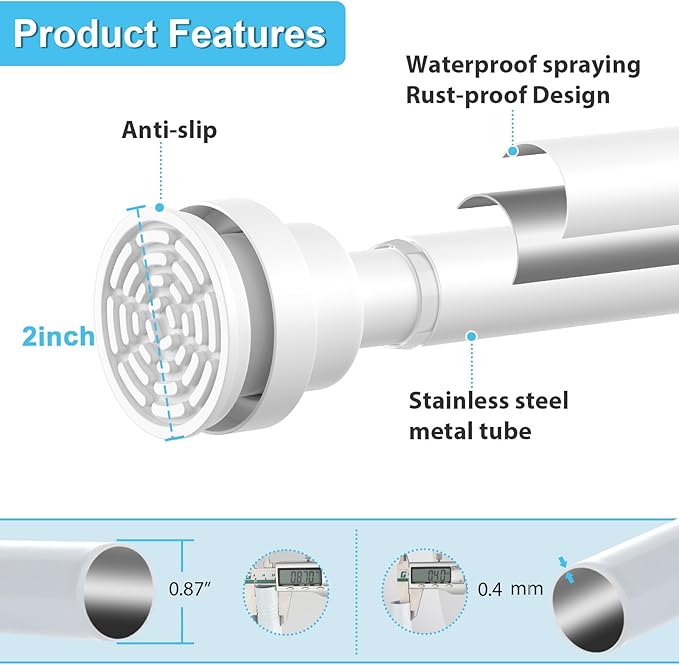 Tension Curtain Rod 30 To 76 Inch White Tension Rods Adjustable Spring Loaded Curtain Rods 7/8" Curtains Rods No Drilling Tension Rods For Windows Bedroom Closet Doorway Door