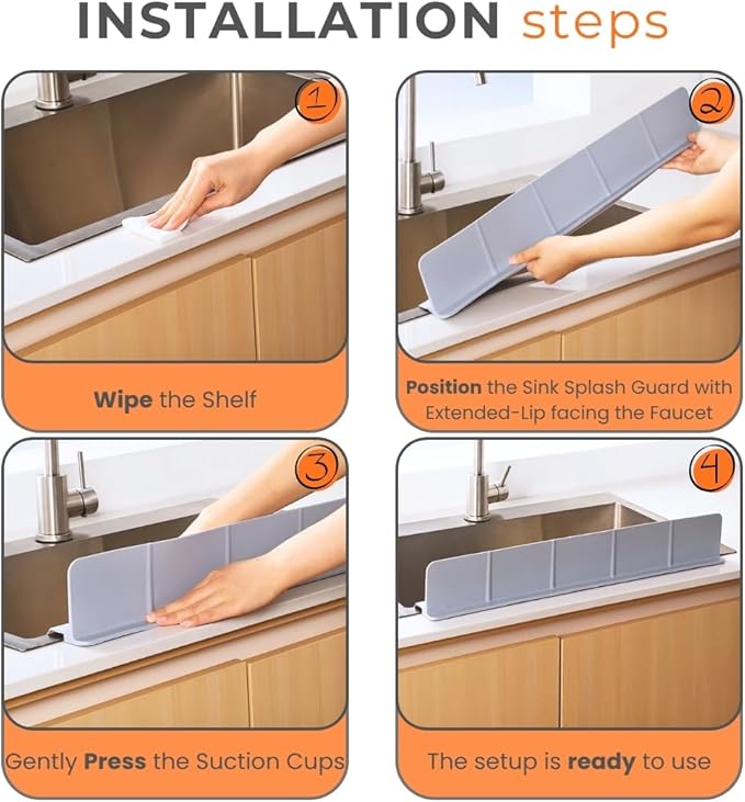MessOut Extra Large Silicone Kitchen Sink Splash Guard 58x9x10cm– Non-Slip with Strong Suction, Non Crumble, non-harmful, Durable & Easy-to-Clean Protector for a Mess-Free Sink and Dishwashing (Grey)