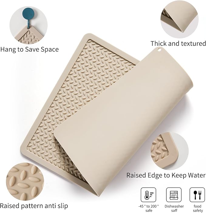 Silicone Drying Mat & Heat Resistant Mat for Kitchen Counter, Non-Slip Dishwasher Safe, Raised Edge for Dishes Bottles Sink (15.35x11.61in, Beige)