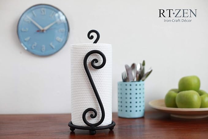 RTZEN Matte Black Paper Towel Holder Countertop - Decorative Farmhouse Paper Towel Roll Holder - Rustic Metal Modern Stand for Kitchen or Bathroom (Swirl)