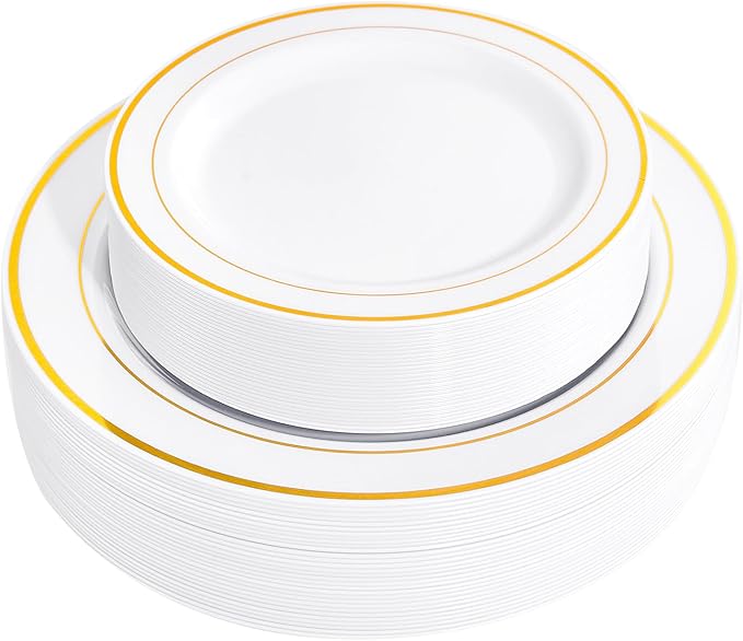 FLOWERCAT 60PCS Gold Plastic Plates - Heavy Duty White and Gold Plastic Plates Disposable for New Year Party/Wedding - Include 30PCS 10.25" Dinner Plates and 30PCS 7.5" Dessert Plates