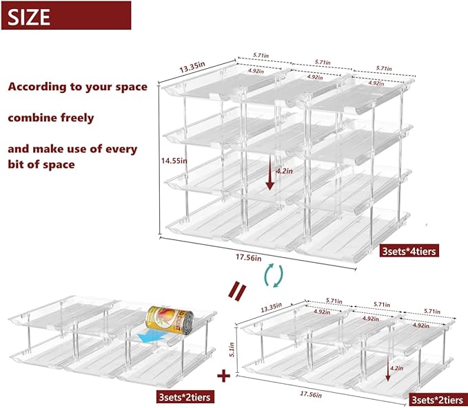 Can Organizer for Pantry, 3 Sets 4 Tiers Can Storage Organizer Pantry, Soda Can Organizer for Fridge 48 Cans Rack Automatic Rolling Stackable Canned Food Organizer, Clear