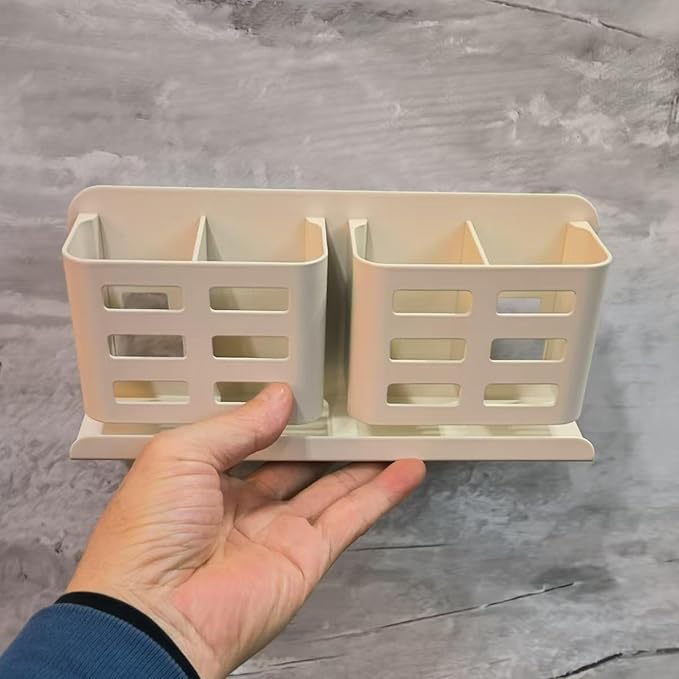 Aluminum Toothbrush Holder, Self-Adhesive Wall Mount Bathroom Organizer for Toothbrush, Razor, Comb & Toothpaste. (Cream White