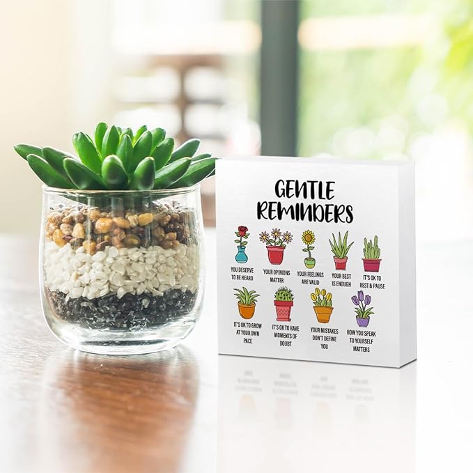 Gentle Reminders Decor Wooden Box Sign, Positive Affirmations Art Decorations, Inspirational Gifts for Women Friend Besties, Rustic Home Therapy Counselling Office Table Decor Wood Block Plaque