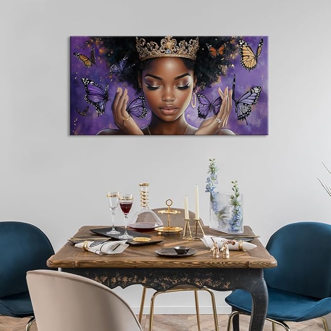ZESTRILIA African American Wall Art for Girls Room Purple Black Butterfly Canvas Painting Prints Artwork Living Bedroom Office Decor (30x16 Inches)