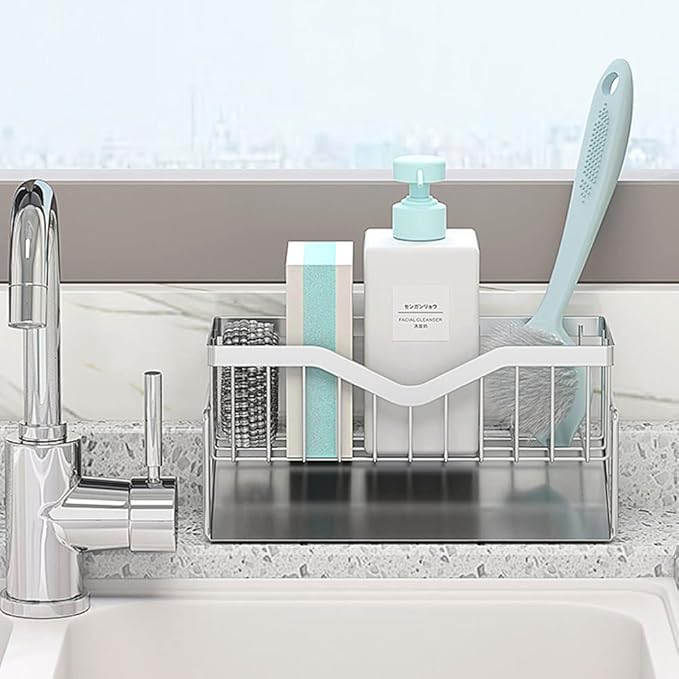 MINGFANITY Kitchen Sink Caddy Sponge Holder, Quick Draining, SUS 304 Stainless Steel Sponge Organizer, Basket for Cleaning and Scrub Tool, Kitchen Sink Brush Caddy Holder