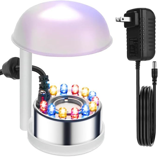 Halloween Mist Maker, Water Fountain Pond Mini Fog Machine Atomizer Air Humidifier, Ultrasonic Mist Maker Fogger Indoor Fountain, Mister Fogger with 12 LED Light and Waterproof Splash Guard