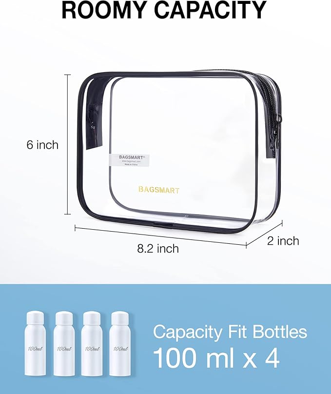 BAGSMART Clear Toiletry Bag, 3-Pack TSA Approved Travel Toiletry Bag Carry On Travel Accessories Bag Airport Airline Quart Size Bags water-resistant Makeup Bag for Women