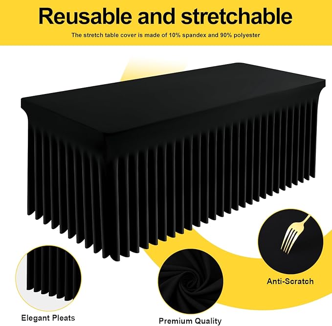 Smiry Spandex Tablecloth, Elastic Fitted Stretch Tablecloth for 5FT Rectangle Tables, Waterproof Washable Table Cover Skirt for Outdoor, Wedding, Banquet & Parties (Black, 60Lx36Wx30H Inch)