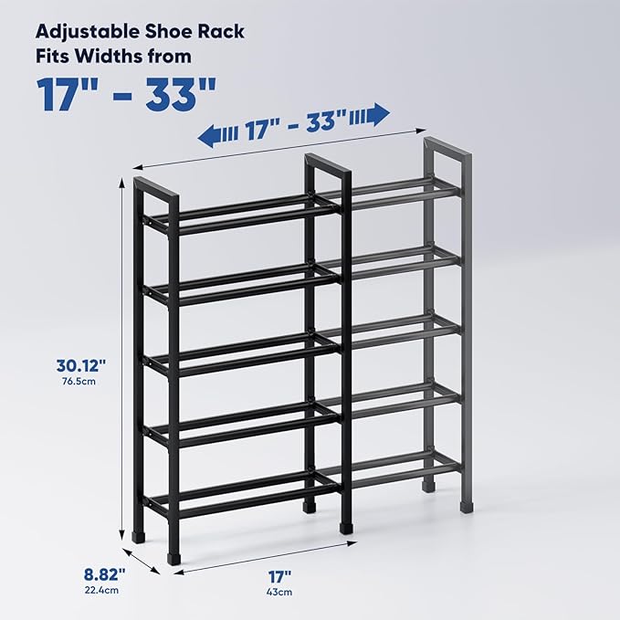 Abiglifty 5-Tier Expandable Shoe Rack,17"-33" Adjustable Shoe Rack for Closet,Metal Shoes Shelves for Front Door Entrance, Garage & Corridor, Free Standing Shoe Holders, Easy to Assemble,Black