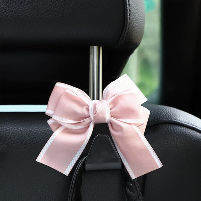 Mandark 2PCS Car Seat Headrest Hooks, Cute Bow Vehicle Hooks for Purses and Bags, Automotive Purse Hook Hanger Interior Decoration Accessories, Universal for SUV, Sedan, Truck (Pink Line)