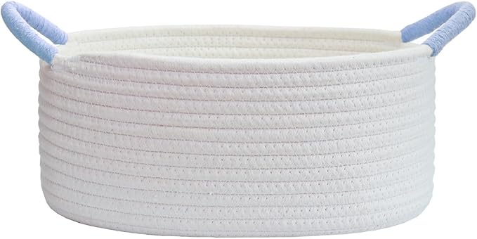 Yimi's Dream Basket for Gifts, Small Cute Shelf Baskets for Babies, Wedding, Birthday, White Rope Baskets with Blue Handle for Home Decor (Oval, 12"x 8"x 5")