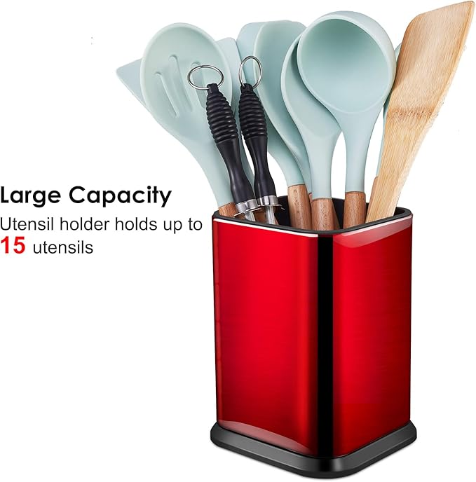 RedCall Stainless Steel Kitchen Utensil Holder for Countertop, Spoon Spatula Organizer, Modern Rectangular Large Cooking Utensil Caddy Counter, Utensil Crock (Stainless Steel Red)