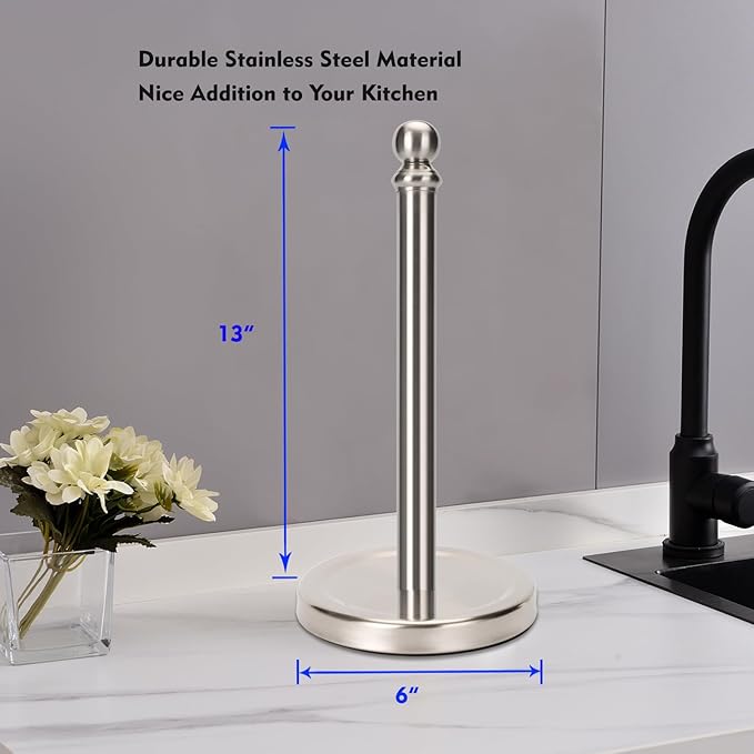 Fatizon Paper Towel Holder Stand, Sturdy Standing Paper Towel Holder Countertop, Paper Towel Roll Holder for Kitchen (Brushed Nickel)