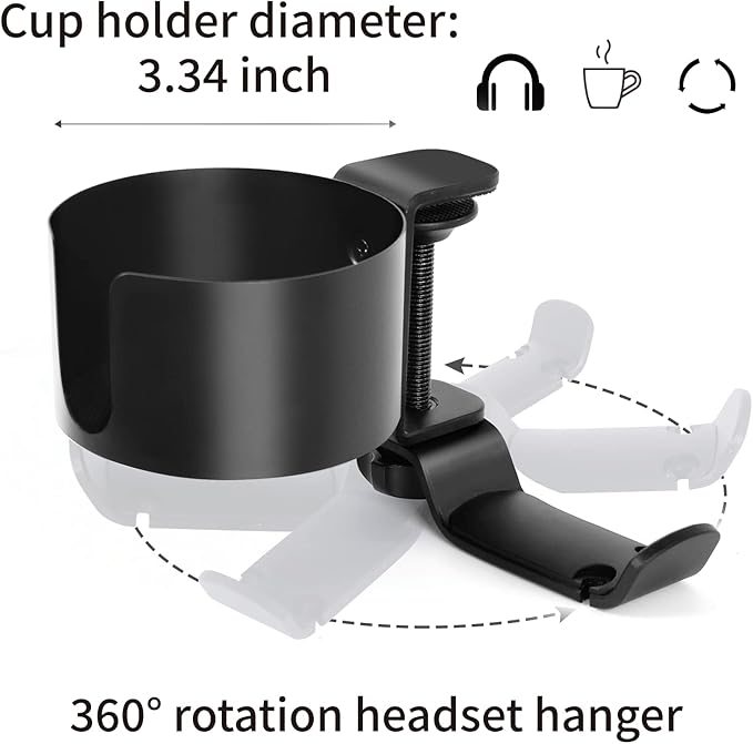 OOKUU 2-in-1 Desk Cup Holder with Headphone Hanger, Anti-Spill Cup Holder for Desk or Table, Easy to Install, Sturdy and Durable, Large Enough to Hold Coffee Mugs, Water Bottles, Headphones