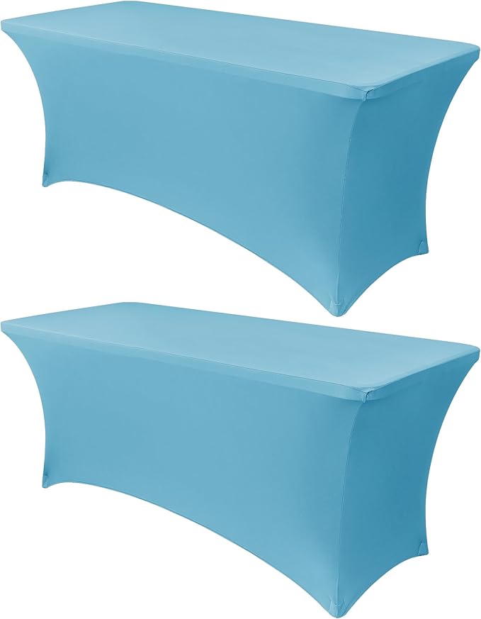 Obstal 8Ft Stretch Spandex Table Cover for Standard Folding Tables - 2 Pack Universal Rectangular Fitted Tablecloth for Party, Banquet, Events, Trade Show (Light Blue, 96L x 30W x 30H Inches)