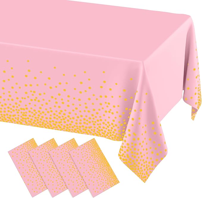 misaya 4 Packs Dot Disposable Table Cloth, 54 x 108 Inch Waterproof Plastic Tablecloth, Rectangle Gold Dots in Pink Table Covers for Mother's Day, Picnic, Birthday, Party