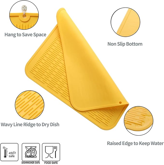MicoYang Silicone Dish Drying Mat for Multiple Usage,Easy clean,Eco-friendly,Heat-resistant Silicone Mat for Kitchen Counter or Sink,Refrigerator or Drawer Liner Yellow 2XL 24 inches x 18 inches