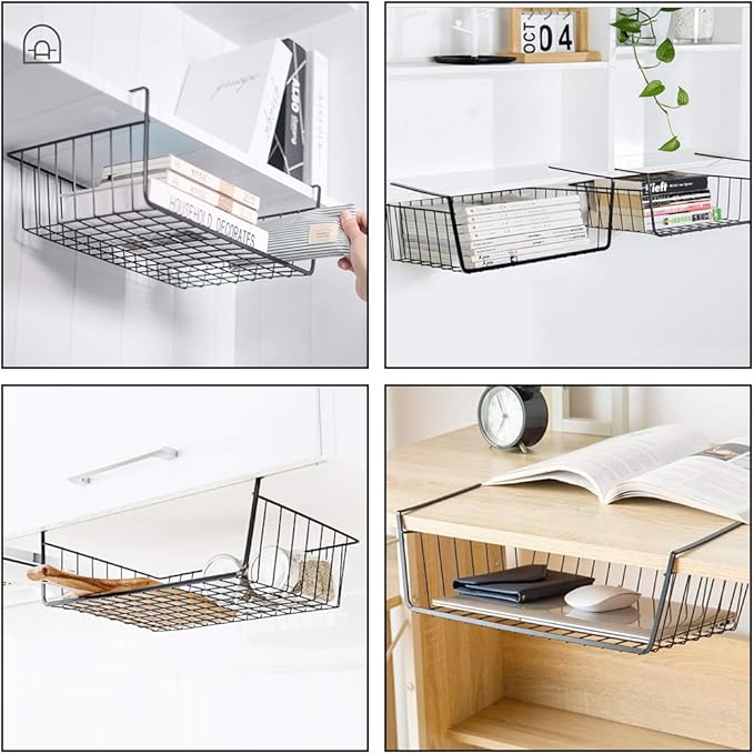 Dveda 4 Pack Under Shelf Basket, Under Cabinet Organizer Shelf, Durable Metal Wire Rack Hanging Basket Storage Rack, Shelf Organizing for Kitchen/Pantry/Bathroom/Desk-Slide Arms Height:1.45in(Black)