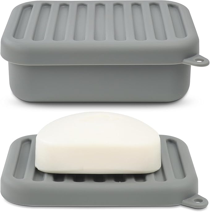 Leak-Proof Silicone Travel Soap Case with Drainage Lid/Layer, Compact Bar Soap Container, Durable Soap Holder for Camping, Gym, and Travel Size Toiletries (Gray)