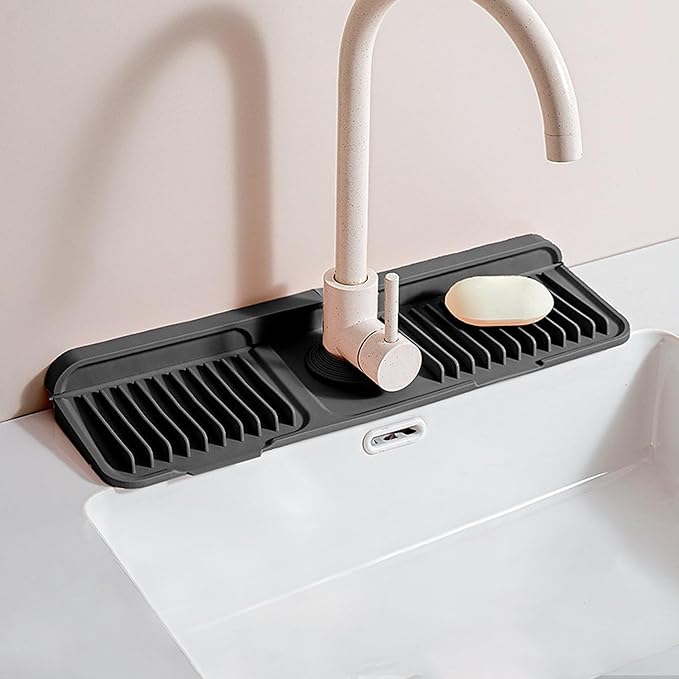 Longer Silicone Faucet Mat for Kitchen Sink – Button Style Faucet Drip Catcher & Leak-Proof Sink Splash Guard with 6° Slope, Behind Faucet Draining Mat, Gadgets for Bathroom (black, small)