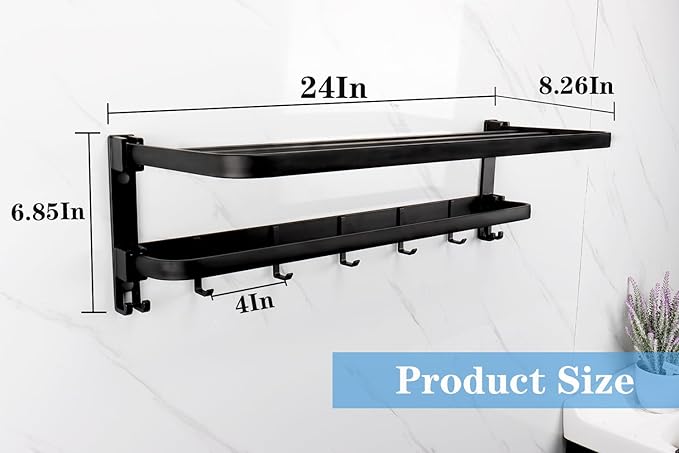 Towel Racks for Bathroom, Foldable Towel Shelf with Towel Bar & 7 Towel Hooks, Rustproof Double Bath Towel Holder Wall Mounted Towel Storage Hanger for Bathroom/Balcony/Lavatory(24In Black)
