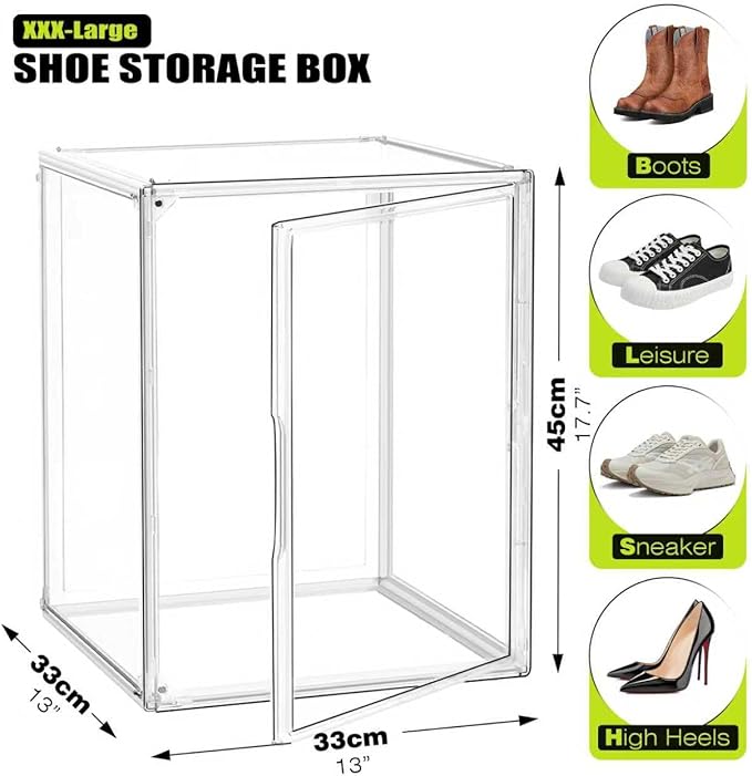5 Pack XXX-Large Acrylic Display Case 17.7''x13''x13'' Tall Boot Storage Box Handbag Organizer for Closet Clear Boot Organizer Stackable Figure, Collectibles, Helmet Showcase with Magnetic Lid