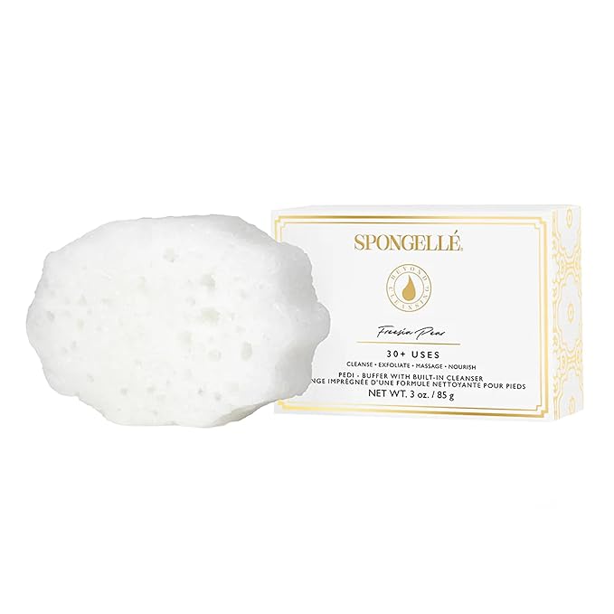 SPONGELLÉ Freesia Pear Pedi-Buffer with Built-in Cleanser - Exfoliates, Softens & Smooths Feet for Spa-Like Pedicure Experience, 30+ Uses