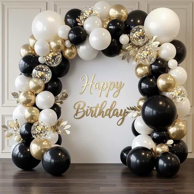PTGOLUO Black and Gold Balloon Arch Garland Kit 150pcs 2026 New Year's, Double Stuffed Pearl Sand White Black Chrome Gold Balloons Arch Kit for Graduation Father's Day Birthday Party Decoration